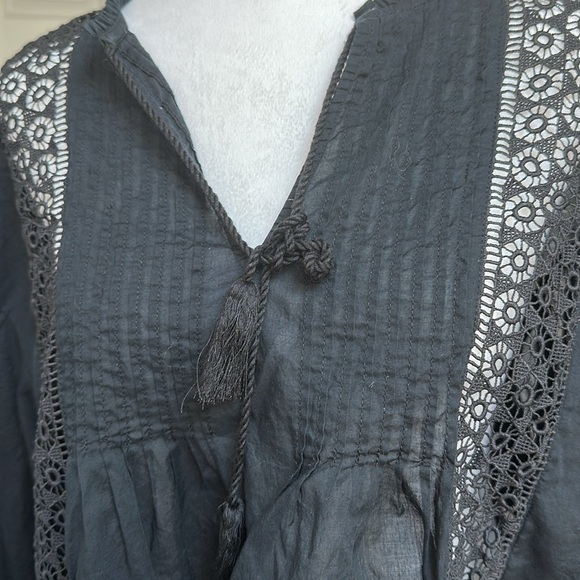 Levis Women’s Peasant Top Black Sheer Boho 3/4 Balloon Sleeve Tassel Tie Lace L - Picture 7 of 13